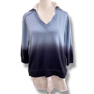 Tyler Boe Sweater Womens Small Blue Ombre Twofer Top 3/4 Sleeve Coastal Preppy